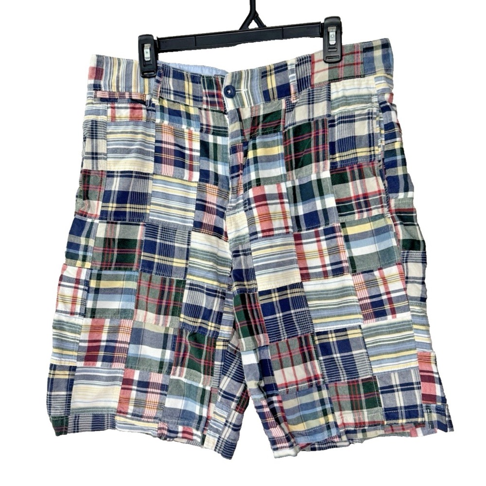 Mens 34 Madras Plaid Patchwork Shorts 10.5" Cotton Pocket East Coast Preppy Golf